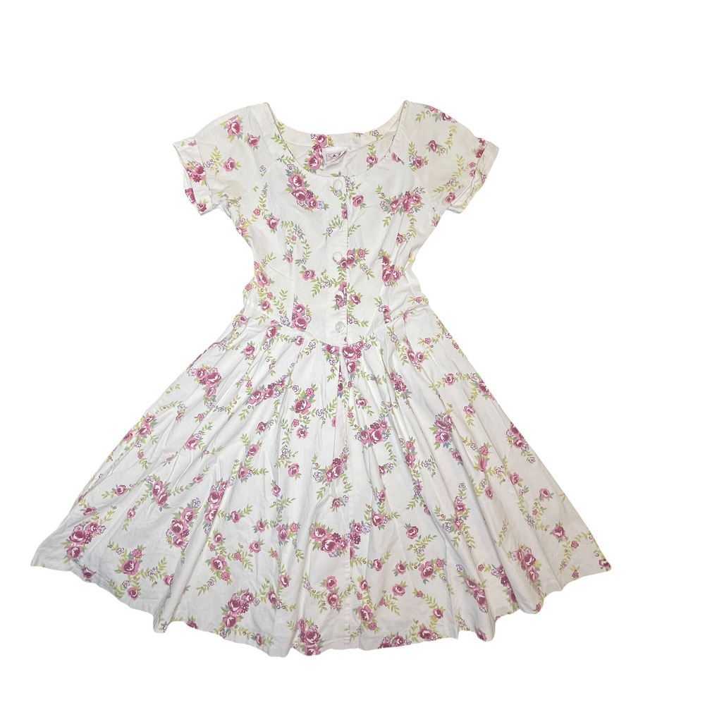SA2 Floral Dress 7 White Pink Cotton Drop Yoke 90s Vintage Cottagecore Farmhouse